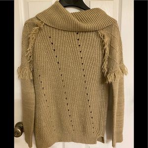 Knox Rose Beige Cowl Neck Lightweight Cozy Sweater Fringe Details Size XS